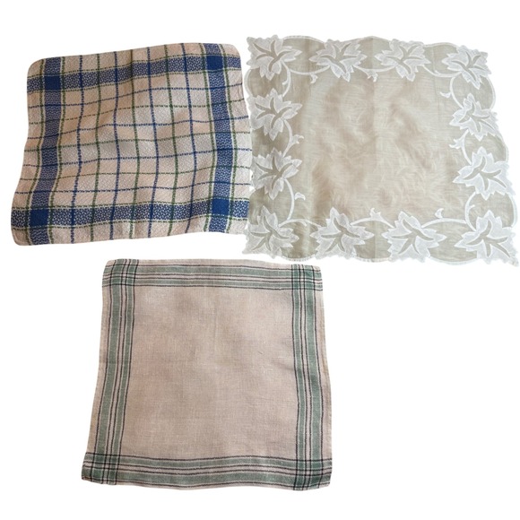 Other - Vintage Linen Blend Handkerchiefs Napkins Set‎ of 3 Plaid Floral Lace